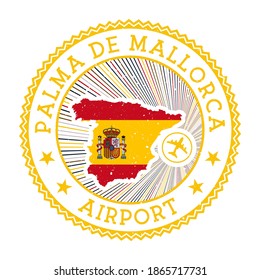 Palma De Mallorca Airport Briefmarke. Logo des Flughafens, Vektorgrafik. Palma de Mallorca Flughafen mit Landesflagge.