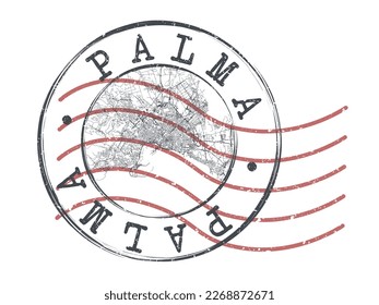 Palma de Mallorca, Balearen, Spanien Stempel Karte Postal. Silhouette Seal Roads und Straßen. Passport Round Design. Vektorsymbol. Design Retro Travel National Symbol.