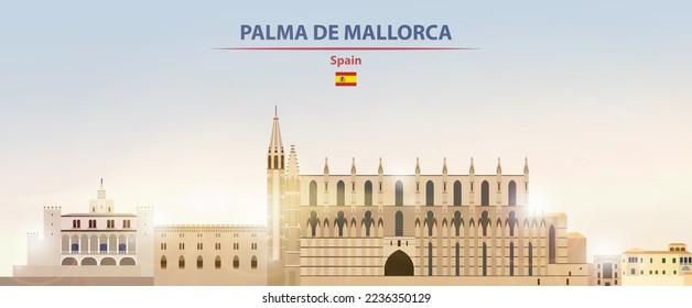 Paisaje urbano de Palma de Mallorca sobre el fondo del cielo de amanecer con sol brillante. Ilustración del vector