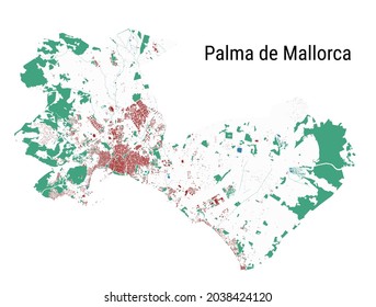 Palma de Mallorca Karte. Detaillierte Karte der Stadtverwaltung von Palma de Mallorca. Stadtlandpanorama. Lizenzfreie Vektorgrafik. Übersicht mit Gebäuden, Wasser, Wald.