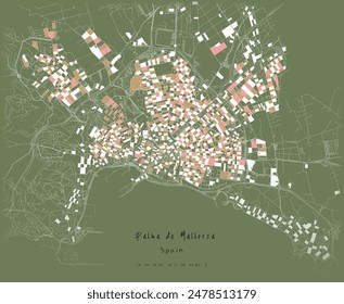 Palma de Mallorca Spanien, detaillierte Stadtfarbenkarte Paket Stadt, Vektorgrafik Bild