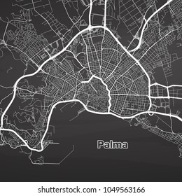 Mapa vectorial urbano de Palma de Mallorca. Carreteras blancas y calles de la ciudad sobre fondo negro.