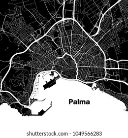 Stadtplan von Palma de Mallorca. Weiße Autobahnen und Stadtstraßen auf schwarzem Hintergrund.