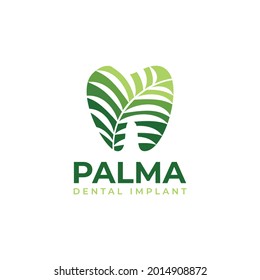 palma dental implant logo, tooth with negative space palm leaves vector