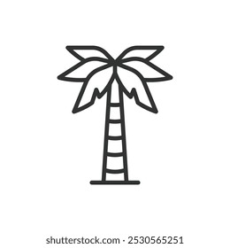 Palma, en línea de diseño. Palma, palmera, tropical, playa, hojas, árbol de coco, Vector sobre fondo blanco. Icono de trazo editable de Palma