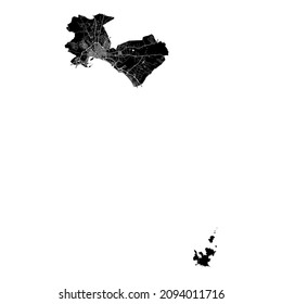 Palma, Spain, high resolution vector map with city boundaries, and editable paths. The city map was drawn with white areas and lines for main roads, side roads and watercourses on a black background.