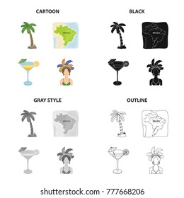 Palma, the territory of Brazil, a drink, a cocktail, a woman in a carnival costume. Brazil set collection icons in cartoon black monochrome outline style vector symbol stock illustration web.