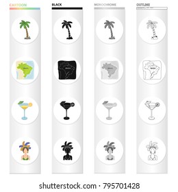 Palma, the territory of Brazil, a drink, a cocktail, a woman in a carnival costume. Brazil set collection icons in cartoon black monochrome outline style vector symbol stock illustration web.