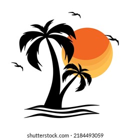 Palmera Vector. Palm tree illustration in minimalistic style. Summer Background With Palm Trees and Birds. Vector illustration