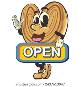 palmeritas cookies cartoon vector isolated clip art illustration mascot carrying a sign that says open, work of handmade