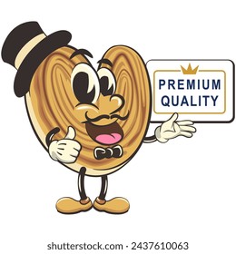 palmeritas cookies cartoon vector isolated clip art illustration mascot in a hat and bow tie showing a sign saying premium quality with a thumbs up, work of handmade