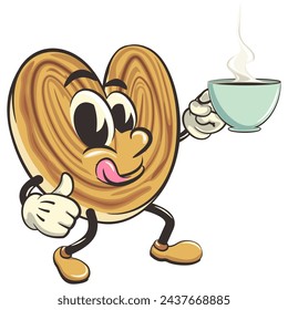 palmeritas cookies cartoon vector isolated clip art illustration mascot with a cup of coffee or tea, work of handmade