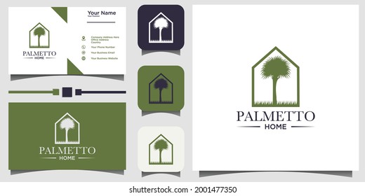 vector de diseño de logotipo de palmetto y hogar con tarjeta de presentación de fondo de plantilla