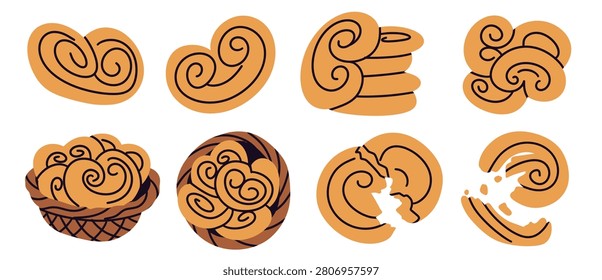 Palmier pastry cookies vector illustration set isolated on white background. Flat cartoon collection of french puff pastry elephant ears, sweet cinnamon rolls in a basket, stacked, broken, and bitten. Minimalist isolated elements for bakery shop menu, confectionery branding, and cafe design.