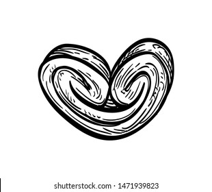 Palmiers. Ink sketch of French pastry isolated on white background. Hand drawn vector illustration. Retro style.