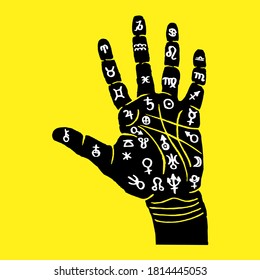 Palmistry. Black hand with lines and symbols on a yellow background. Designations of the planets. Vector illustration.