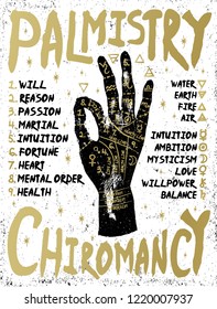 Palmistry, chiromancy. Black hand on a white textured background. Poster print design, vector illustration.