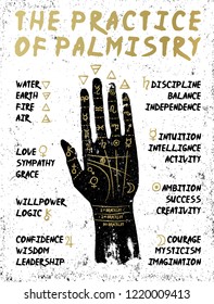 Palmistry, chiromancy - black hand on a white textured background.