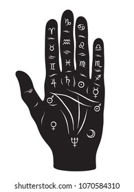 Palmistry or chiromancy hand with signs of the planets and zodiac signs black and white hand drawn design isolated vector illustration