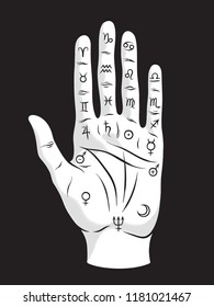 Palmistry or chiromancy hand with signs of the planets and zodiac signs black and white hand drawn design isolated vector illustration