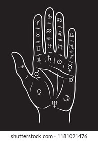Palmistry or chiromancy hand with signs of the planets and zodiac signs black and white hand drawn design isolated vector illustration