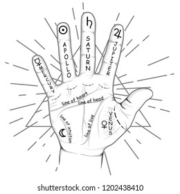 Palmistry or chiromancy hand with signs of the planets and zodiac signs. Palmistry map on open palm. Divination and prediction of the future. Mystic and occult hand drawn symbols. Vector illustartion