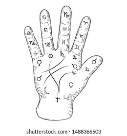 Palmistry. Esoteric occult symbols on hand, palm of prophecy or reading design. Hand drawing. Vector. 