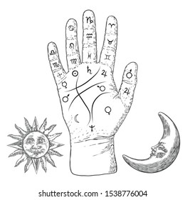 Palmistry. Esoteric occult symbols on hand, palm of prophecy or reading design with vintage sun and moon. Hand drawing. Vector. 