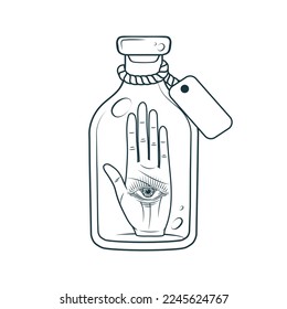Palmistry hand with all-see eye in a magic vessel. Hand drawn symbol  of prediction, fortune telling. Magic mystic vector background for esoteric, witchcraft and stickers.