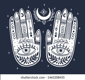Palmistry of the hand, black and white drawing in a circle on a black background. Vector illustration