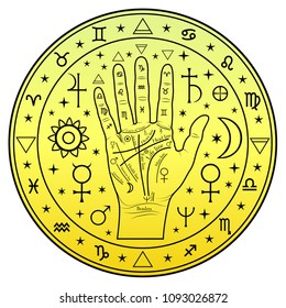 Palmistry of the hand with the designation of the planets and the signs of the zodiac. Round color pattern black on a yellow background.