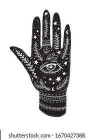 Palmistry hand hand drawn illustration. Magic hand vector illustration.