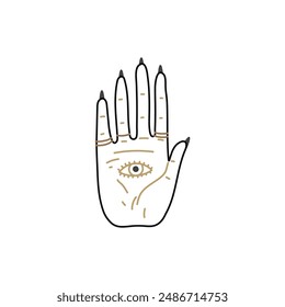 Palmistry hand line art. Vintage hand drawn psychic palm with magic eye and alchemy signs. Fortune telling. Vector illustration isolated on white. Wicca esoteric and occultism, chiromancy