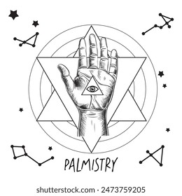 Palmistry Hand with Mystical Symbols and Constellations