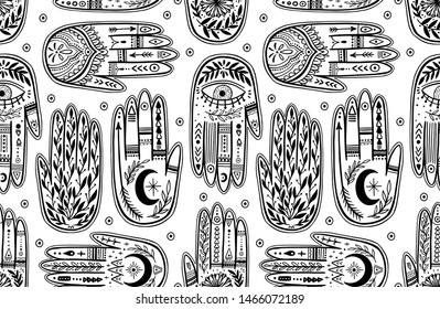Palmistry of the hand pattern, black and white drawing in a circle on a white background. Vector illustration