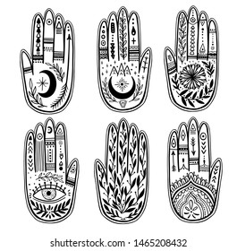 Palmistry of the hand set, black and white drawing in a circle on a white background. Vector illustration