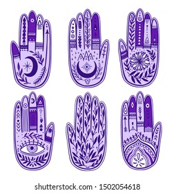 Palmistry of the hand set, violet purple drawing in a circle on a white background. Vector illustration