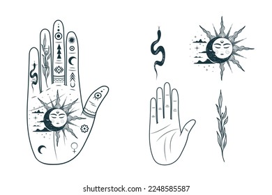 Palmistry hand with sun, moon, snake, twig and clouds.  Hand drawn set of prediction symbol, fortune telling. Magic mystic vector illustration isolated background for esoteric,  witchcraft, stickers
