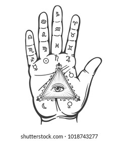 Palmistry hand. Vintage hand drawn psychic hand with magic eye and alchemy signs isolated on white background, vector illustration