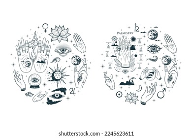 Palmistry hands and all-see eyes collection. Isolated set of two round illustration with esoteric symbols. Hand drawn vector images in boho style. Design for witchcraft, tattoo, stickers, magic shop
