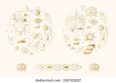 Palmistry hands and all-see eyes golden collection. Isolated set of two round illustration with esoteric symbols. Hand drawn vector images in boho style. Design for witchcraft, stickers, magic shop.