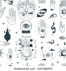 Palmistry hands, all-see eyes and other esoteric symbols. Hand drawn mystical seamless pattern. Vector illustration for textile, background, texture, wrapping paper, witchcraft and magic shop