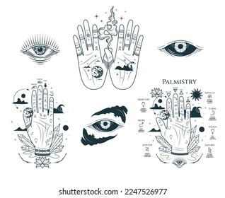 Palmistry hands with chiromantic lines, all-see eyes and esoteric elements.  Hand drawn symbol  of prediction, fortune telling. Magic mystic vector illustration isolated on white background.