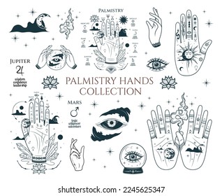 Palmistry Hands collection. Hand drawn isolated set of esoteric occult icons in boho style. Vector illustration for witchcraft, tattoo, stickers and  magic shop.