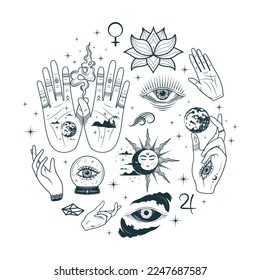 Palmistry Hands collection. Hand drawn isolated set of esoteric occult icons in boho style. Vector illustration for witchcraft, tattoo, stickers and  magic shop.