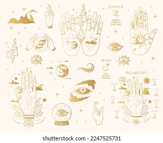 Palmistry Hands golden collection. Hand drawn isolated set of esoteric occult icons in boho style. Vector illustration for witchcraft, stickers and  magic shop.