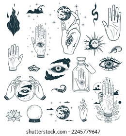 Palmistry Hands isolated set. Hand drawn esoteric occult icons in boho style. Vector illustration for witchcraft, tattoo, stickers and  magic shop.