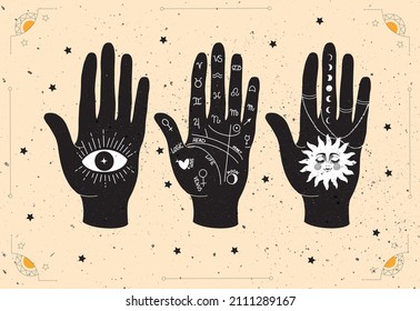 Palmistry. Hands. Mystical hands in boho style