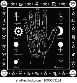 Palmistry of the hands, signs of the planets and the zodiac, elements, a square pattern on a black background.