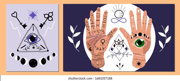 Palmitis und Hieromancy. Handlinien und ihre Bedeutung. Mondphasen. Konstellationen und Symbole. Magische, handgezeichnete Vektorillustration-Illustration für Web- und Print-Design. Trendy bunter Handarbeit aus Palmblättern.